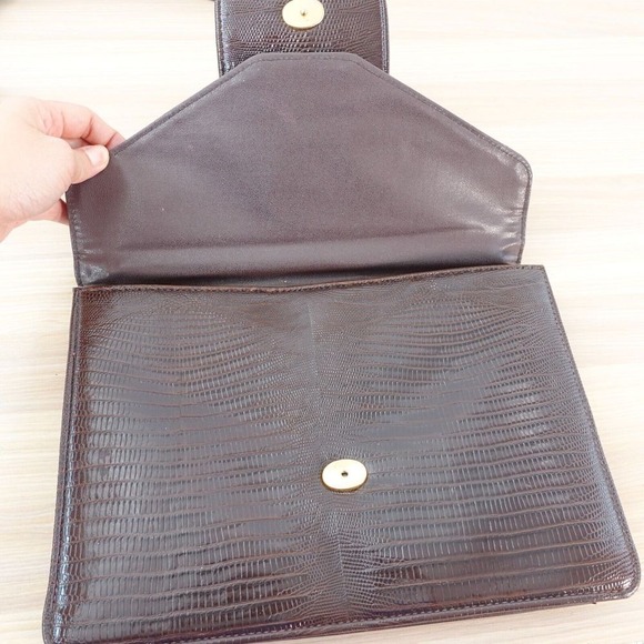 Vintage Lizard Bag Flap 2Way‎ Shoulder Top Handle Brown Teju Leather Chocolate - Picture 5 of 15